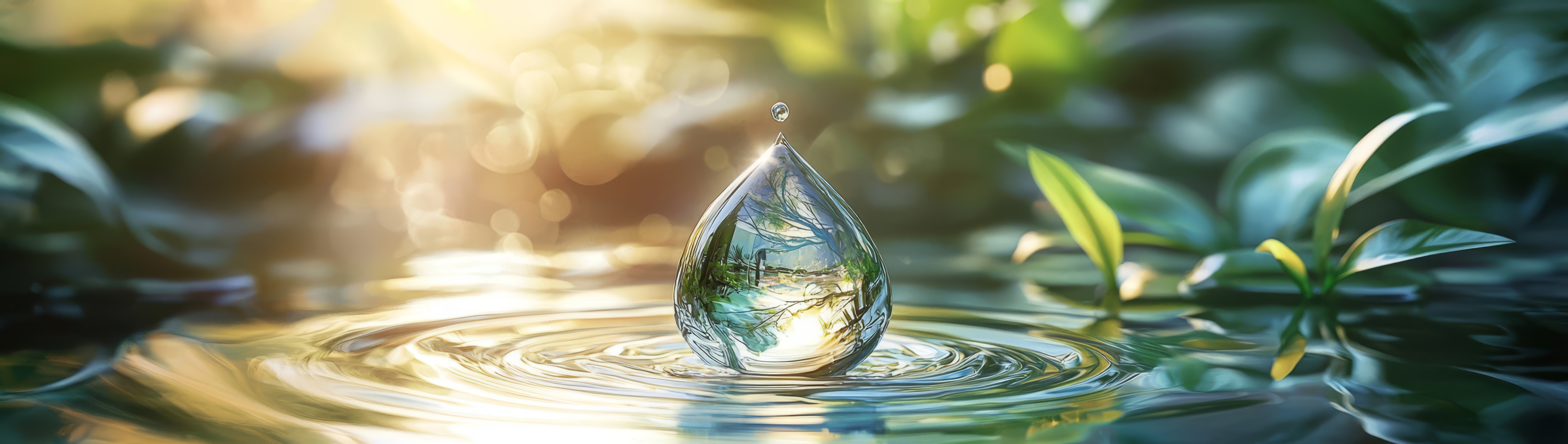 Wassertropfen fällt auf die Oberfläche eines stillen Gewässers und zieht Kreise. Pflanzen im Hintergrund