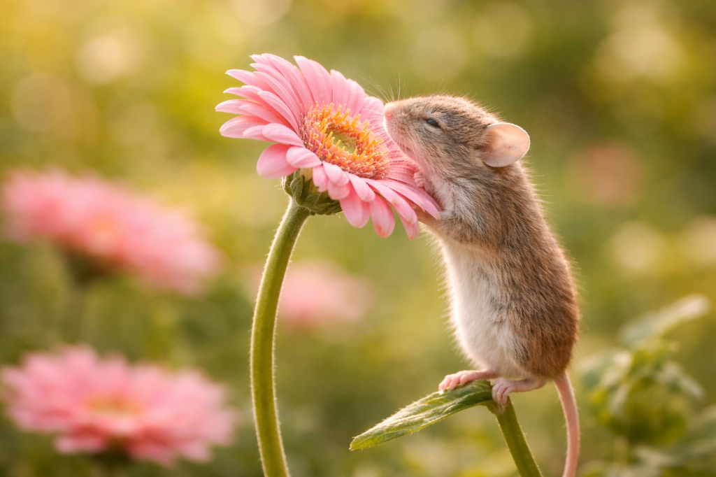 Maus riecht an einer rosa Blume im Sonnenlicht