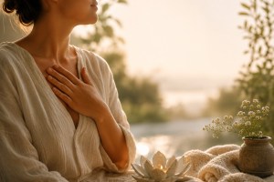 Frau im Sonnenlicht meditierend 