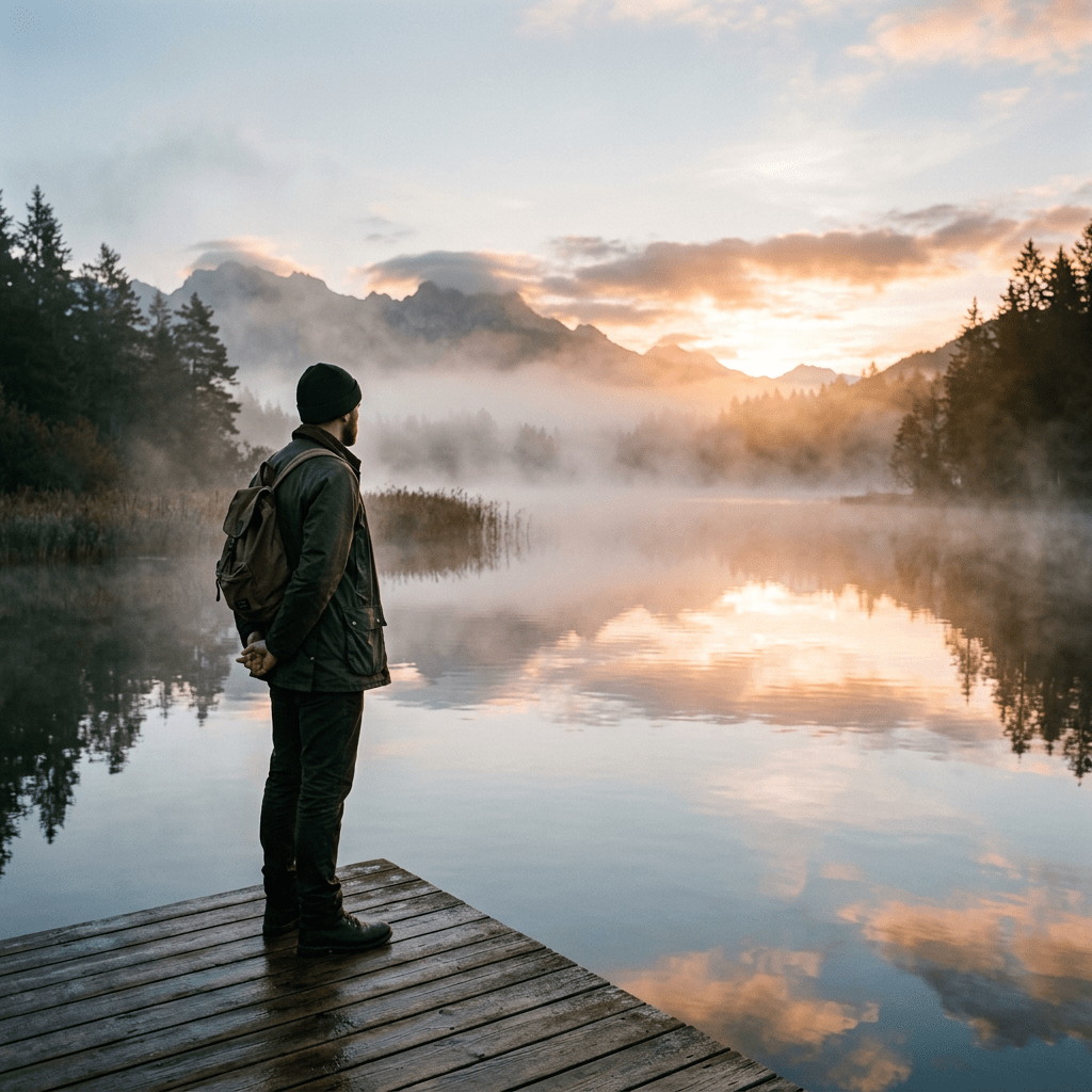 Man standing on dock looking at misty lake with mountains and sunrise