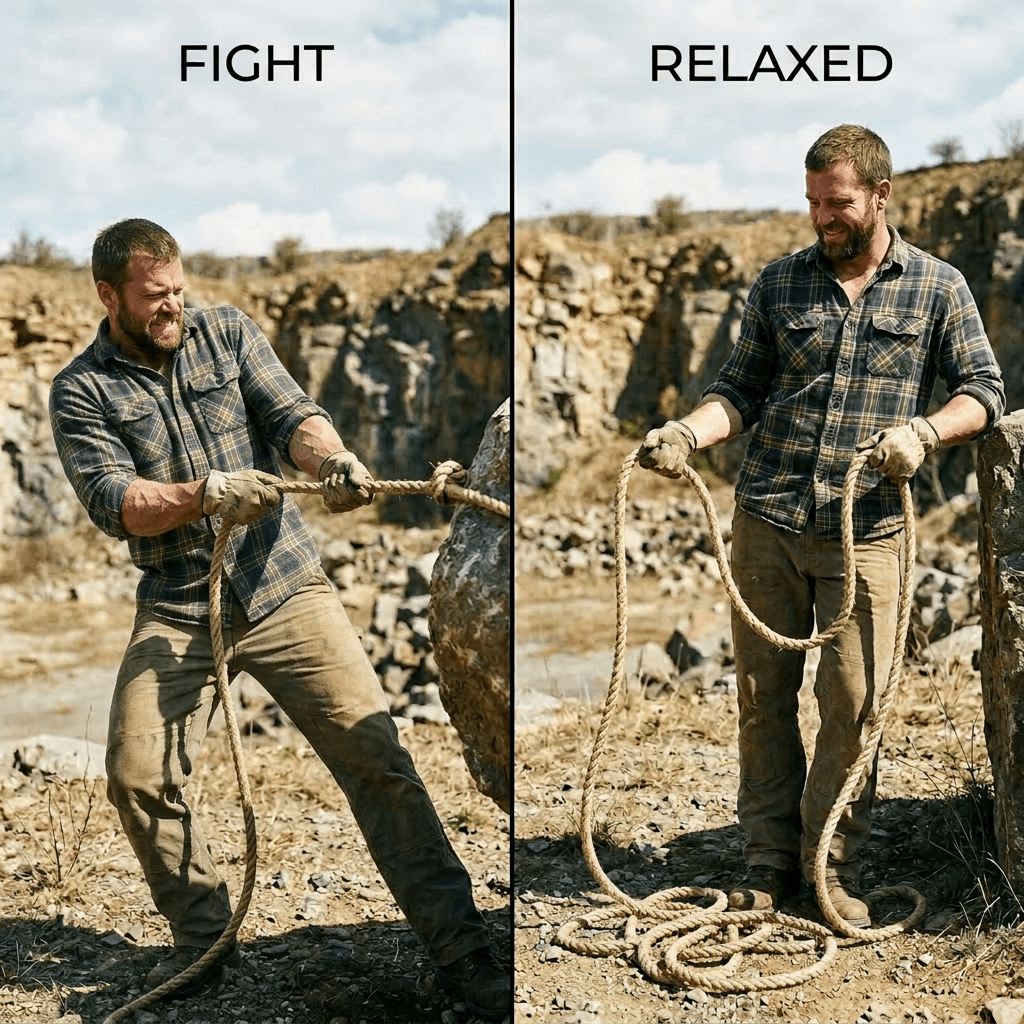 Man holding a tight rope on left and a loosened rope on right