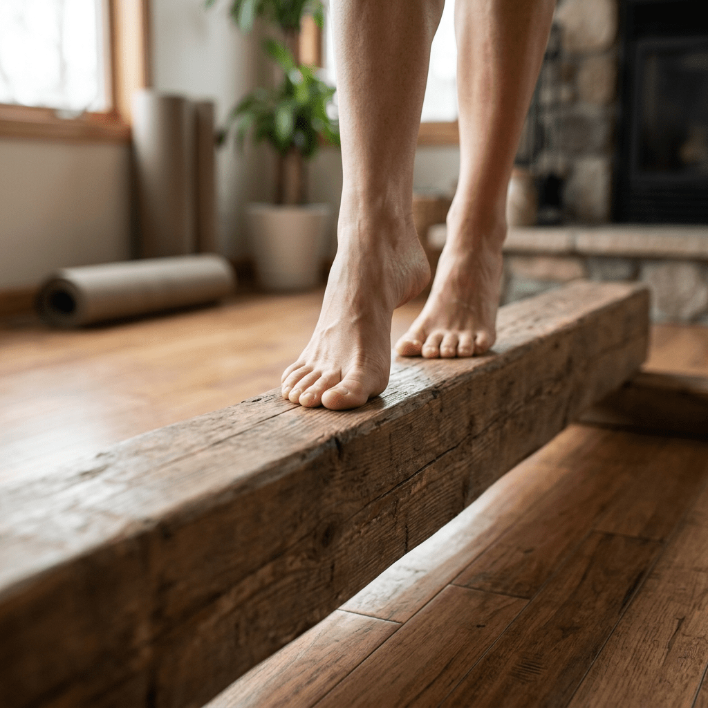 Bare feet balancing on a wooden beam indoors
