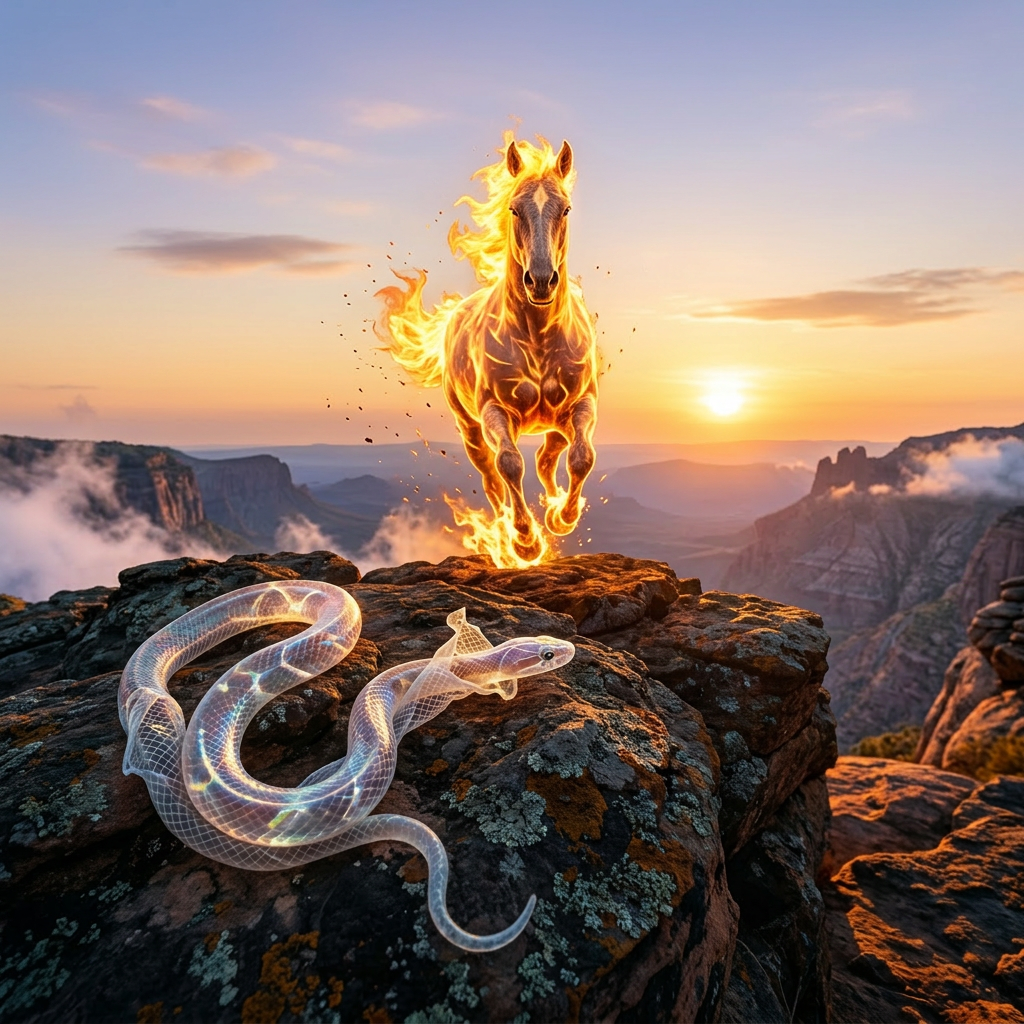 Glowing fiery horse galloping and translucent snake on rocky cliffs at sunset