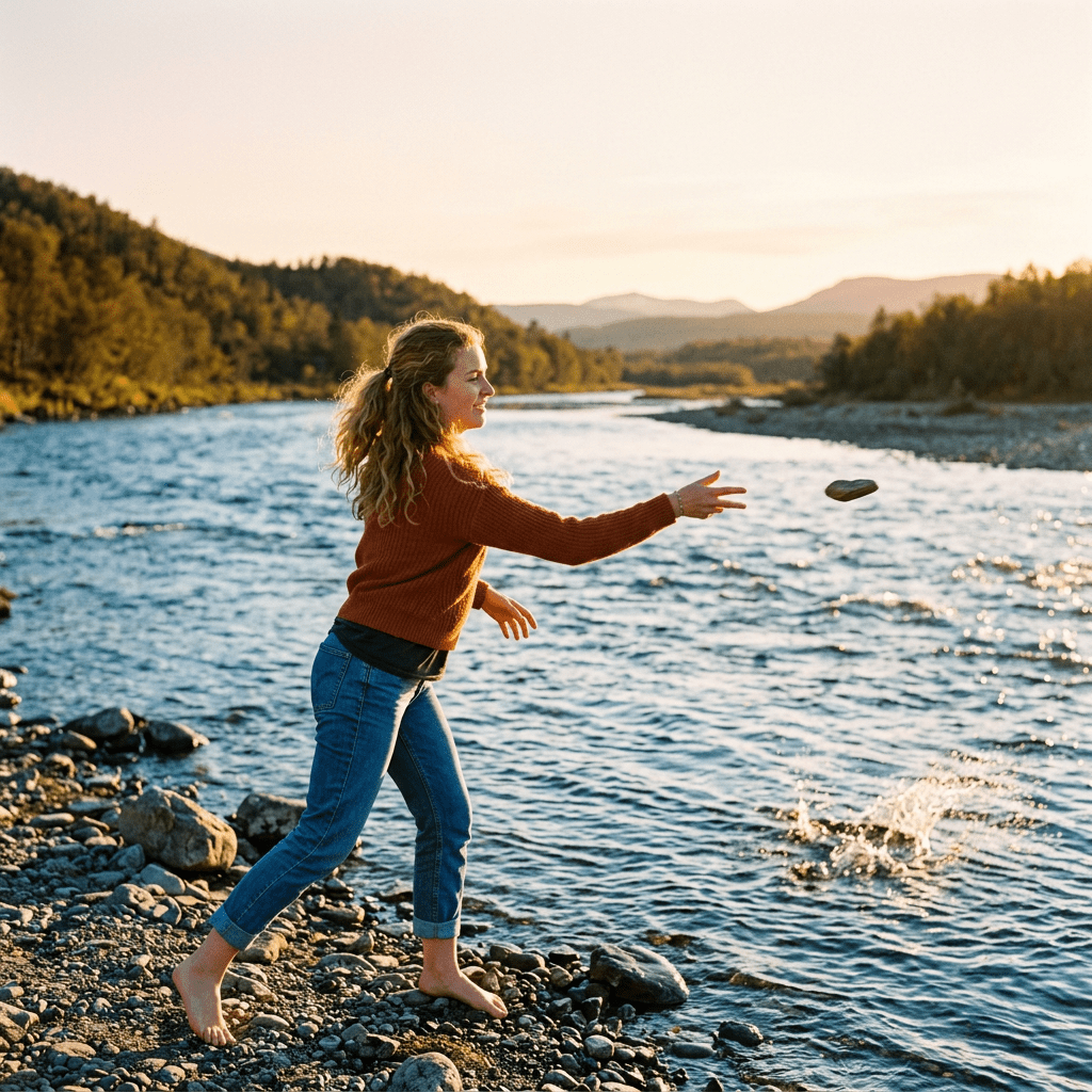 Woman throwing stone into blue river, warm sunlight