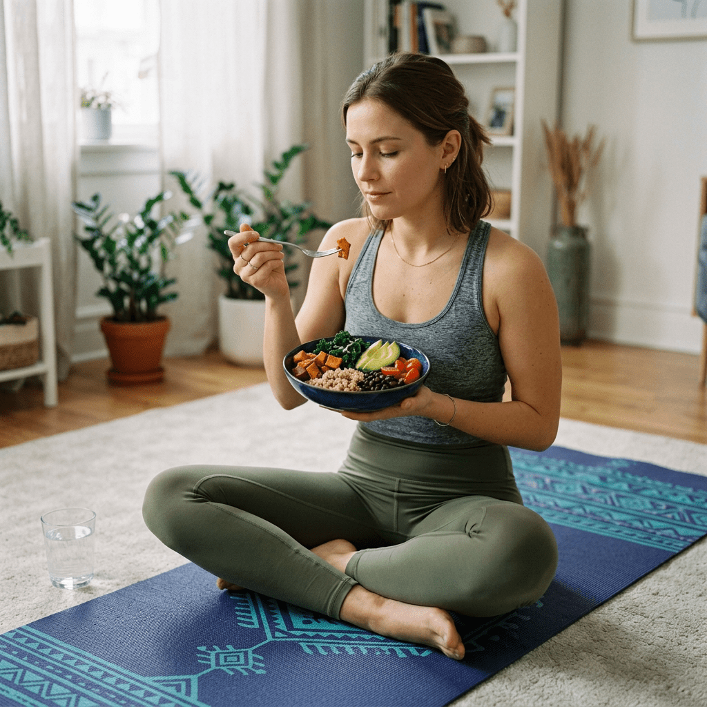 Woman sitting cross-legged on yoga mat eating a bowl with vegetables and grains