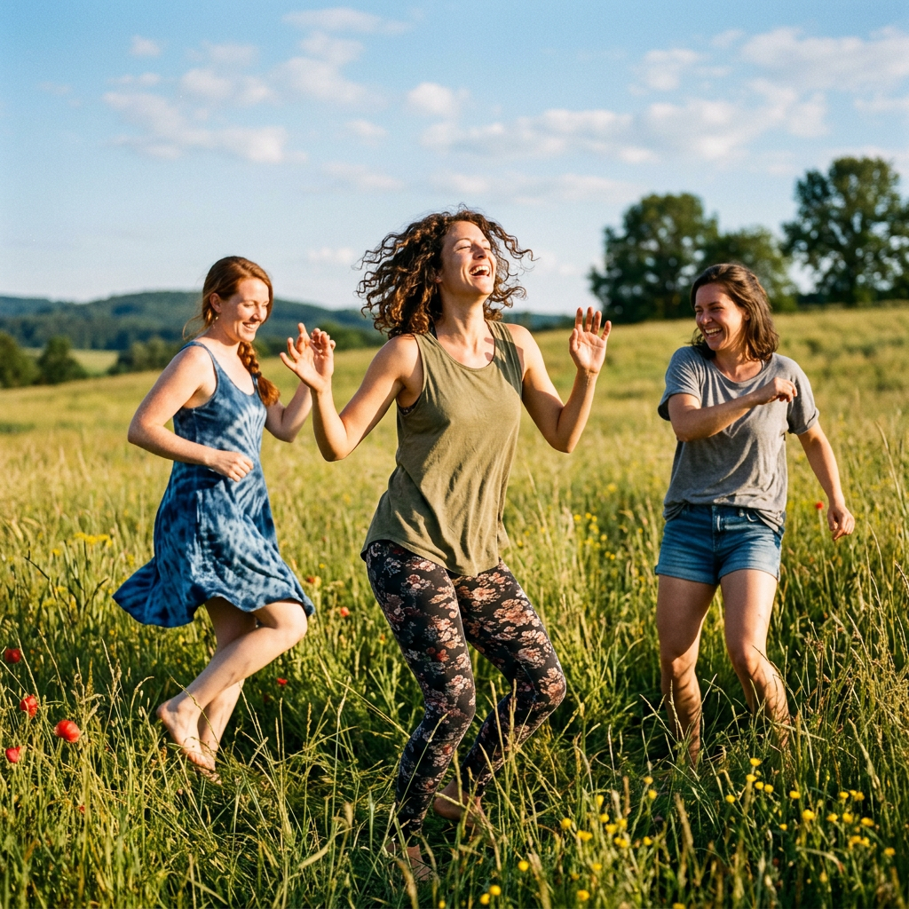 Three young women laughing and dancing barefoot in a grassy field under a blue sky
