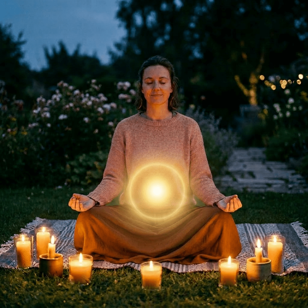 Woman sitting cross-legged on a mat outdoors at dusk meditating with candles around and glowing light at abdomen