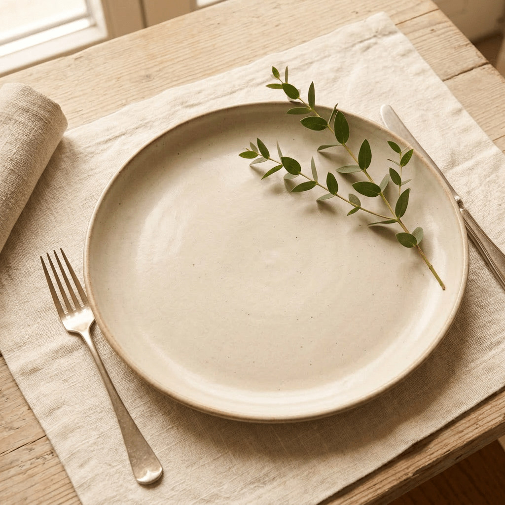 White ceramic plate with a green leafy twig, fork and knife on beige linen