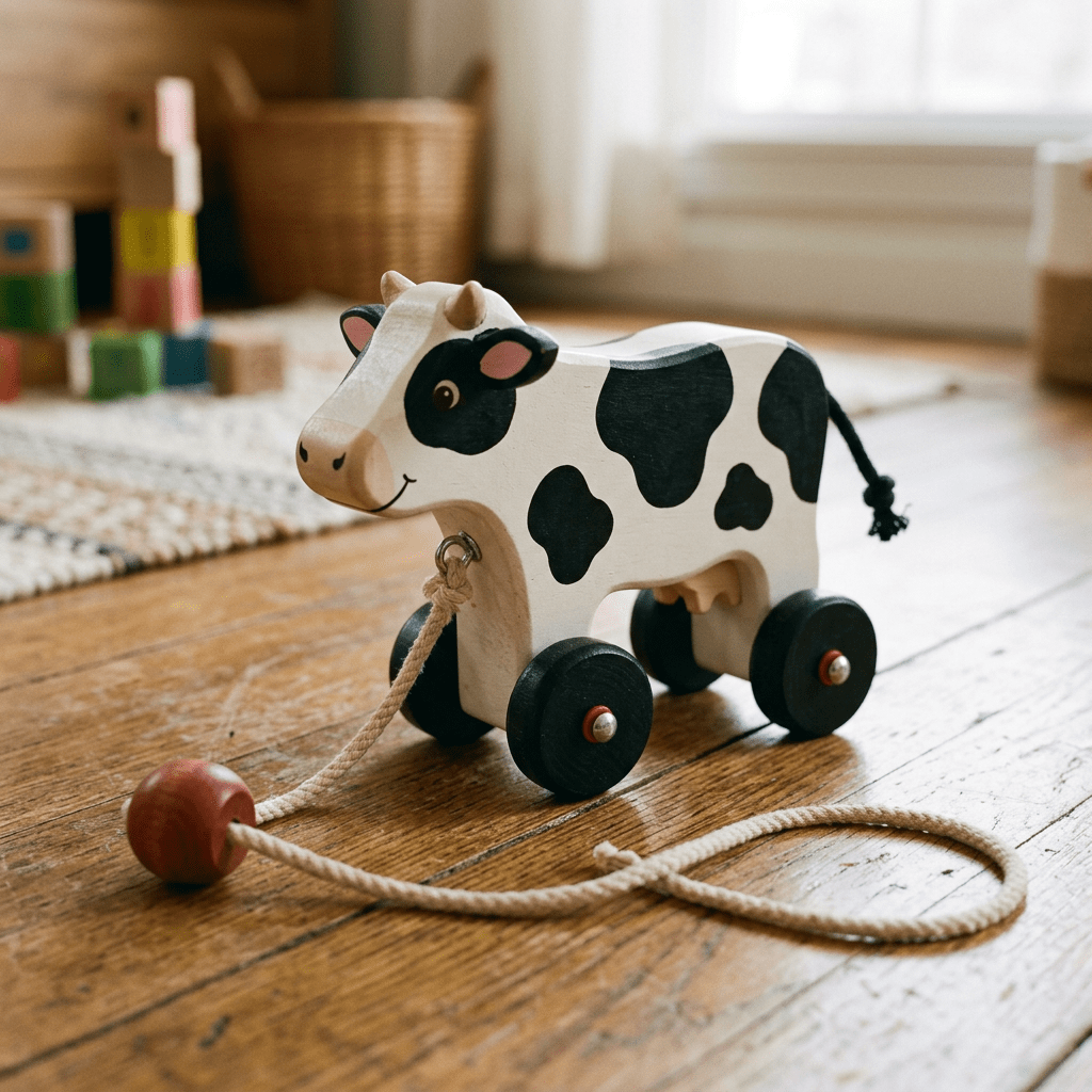 Wooden cow pull toy with black spots and wheels on wooden floor