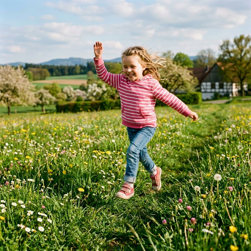 Young girl running through a wildflower meadow with trees and a house in the background