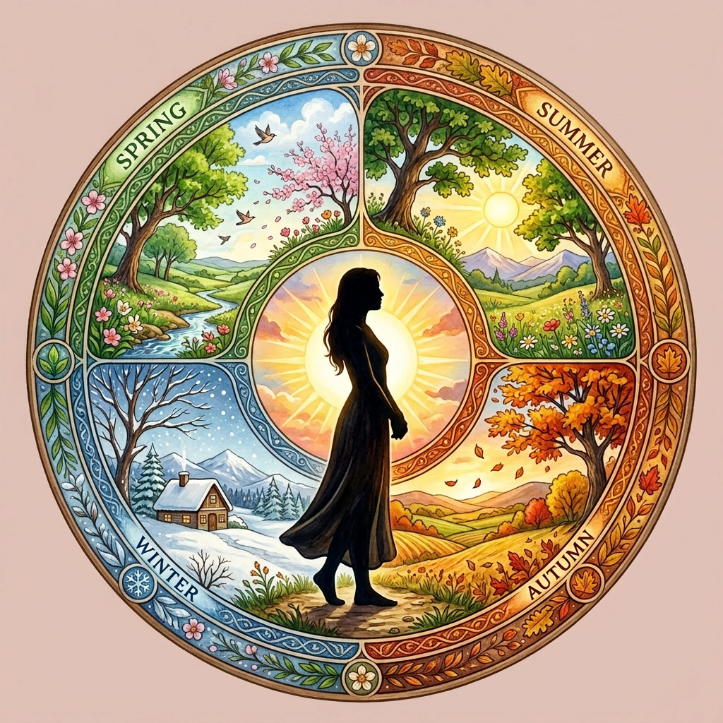 Circular artwork showing spring, summer, autumn, and winter scenes around a central silhouette of a woman against a bright sun.